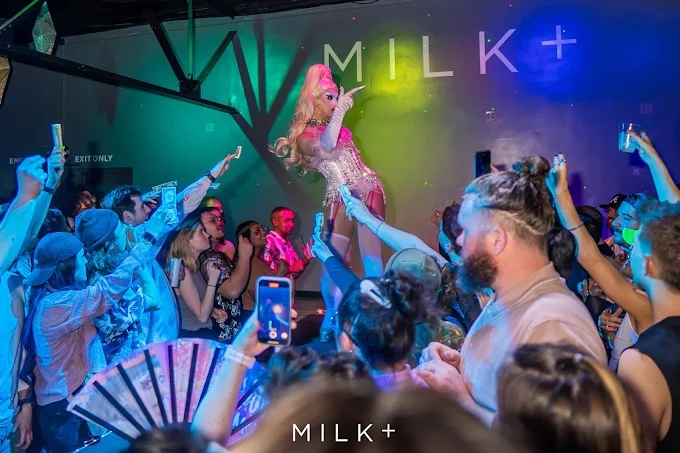 Drag performer on stage at MILK+ nightclub in Salt Lake City