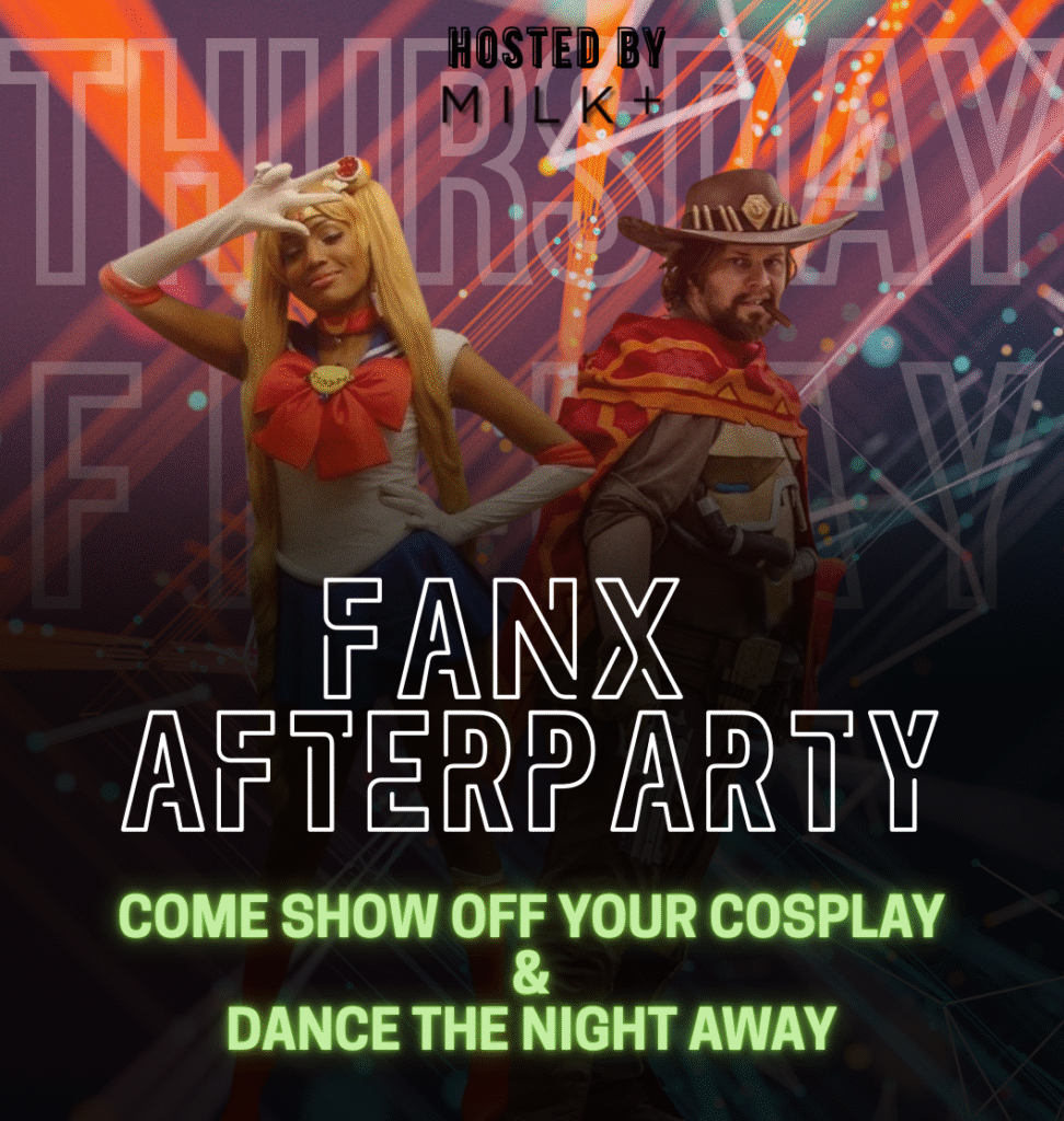 Cosplayers and fans dancing at MILK+ FanX Afterparty in Salt Lake City LGBTQ+ nightclub.