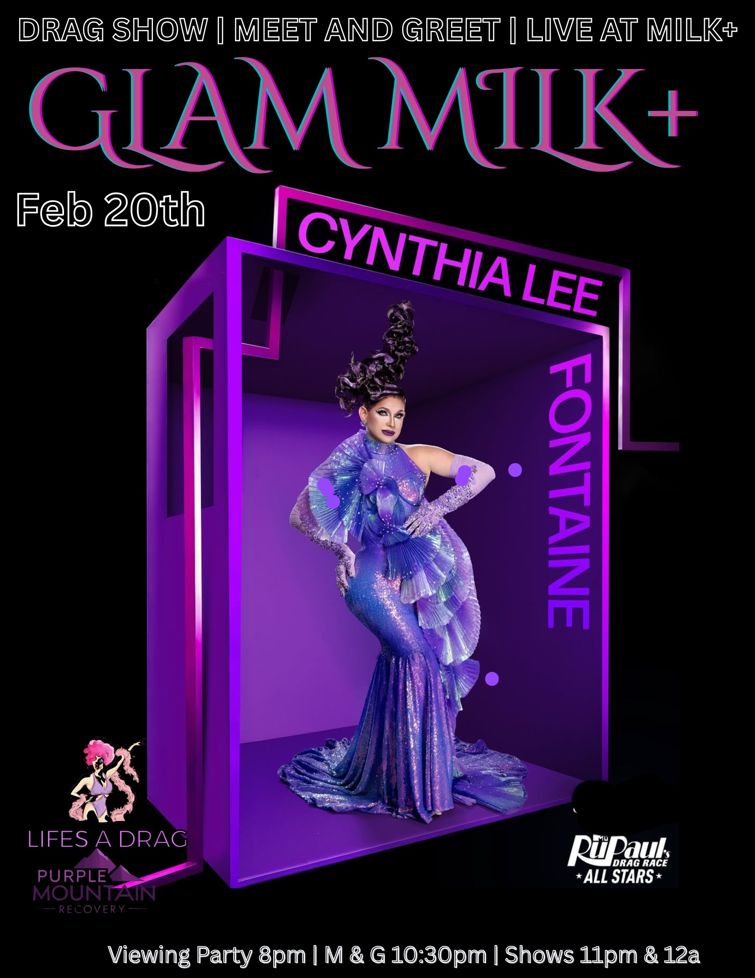 Promotional poster for Cynthia Lee Fontaine at MILK+ Salt Lake City featuring a RuPaul’s Drag Race viewing party, meet and greet, and live drag performances with Glam SLC.