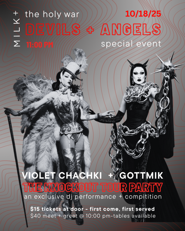 Promotional poster for Violet Chachki Gottmik Knockout Tour MILK+ Salt Lake City event featuring intricate costumes and details for a special performance on 10/18/25.