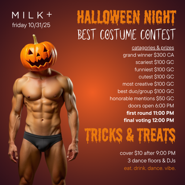 The image is a promotional poster for a Halloween Night event at "MILK+," scheduled for Friday, 10/31/25. The background color transitions from orange to black, creating an eerie atmosphere appropriate for Halloween.
