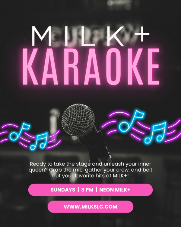 Microphone with music notes promoting Karaoke at MILK+ LGBTQ nightclub Salt Lake City